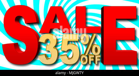 Illustrazione di stock - Grande Golden Testo: 35 percento di sconto, grande Testo rosso: vendita, blu e bianco sullo sfondo a spirale, 3D'illustrazione. Foto Stock