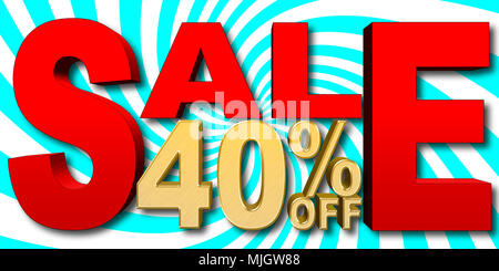Illustrazione di stock - Grande Golden Testo: 40% di sconto, grande Testo rosso: vendita, blu e bianco sullo sfondo a spirale, 3D'illustrazione. Foto Stock