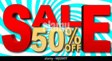 Illustrazione di stock - Grande Golden Testo: 50 percento di sconto, grande Testo rosso: vendita, blu e bianco sullo sfondo a spirale, 3D'illustrazione. Foto Stock
