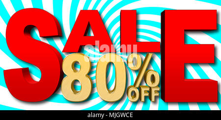 Illustrazione di stock - Grande Golden Testo: 80 percento di sconto, grande Testo rosso: vendita, blu e bianco sullo sfondo a spirale, 3D'illustrazione. Foto Stock