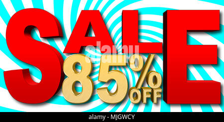 Illustrazione di stock - Grande Golden Testo: 85 percento di sconto, grande Testo rosso: vendita, blu e bianco sullo sfondo a spirale, 3D'illustrazione. Foto Stock