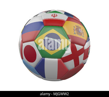 Football Soccer Ball con bandiere isolati su sfondo bianco, Brasile nel centro, rendering 3D Foto Stock