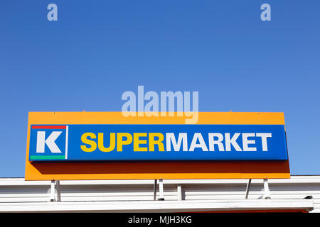 Tornio, Finlandia - Luglio 20, 2016: Close-up del segno ad un finlandese K-supermercato supermercato negozio di alimentari. Foto Stock