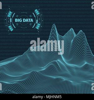 Computer generato il codice binario del paesaggio su sfondo nero . Dati di grandi dimensioni . Codice binario . Paesaggio Wireframe . Illustrazione Vettoriale