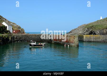 La pesca in barca nel porto Porthgain in una giornata di sole Pembrokeshire Wales Cymru REGNO UNITO GB Foto Stock