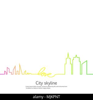 La silhouette della città e nel cuore e amore in continuo le linee di disegno in un appartamento di stile. Moderno paesaggio urbano. Illustrazioni vettoriali. Città grattacieli Ufficio edilizia orizzonte.rappresentazione in linea continua Illustrazione Vettoriale