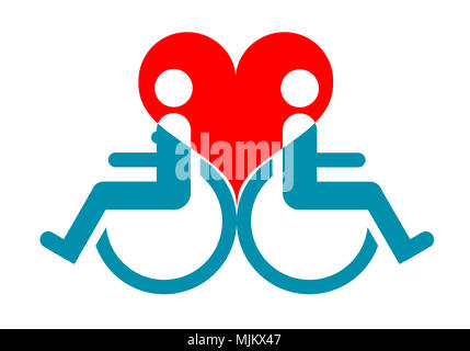 Simbolo di disattivato gli amanti seduto in una sedia a rotelle contro lo sfondo di un cuore rosso Foto Stock
