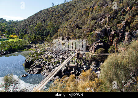 I turisti attraversano il ponte di Alessandria del fiume Esk a Cataract Gorge a Launceston, Tasmania Foto Stock