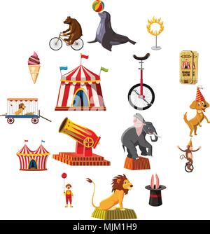 Circus simboli set di icone, stile cartoon Illustrazione Vettoriale