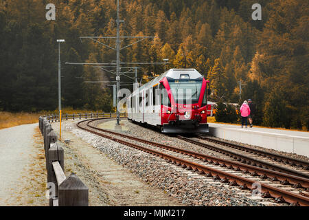 Poschiavo, Grigioni, Svizzera - 10 agosto 2016 : il trenino rosso della Ferrovia retica che entrano nella stazione Morteratsch in una giornata di sole in estate Foto Stock