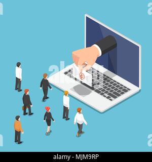 Appartamento 3D isometrica imprenditore mano escono dal monitor di un laptop con lettera di posta elettronica. Posta elettronica aziendale concetto. Illustrazione Vettoriale