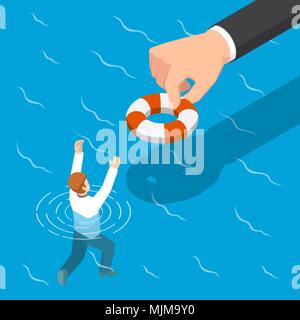 Appartamento 3D isometrica grossa mano dando un salvagente per aiutare proprietari. Aiutare le imprese a sopravvivere concetto. Illustrazione Vettoriale