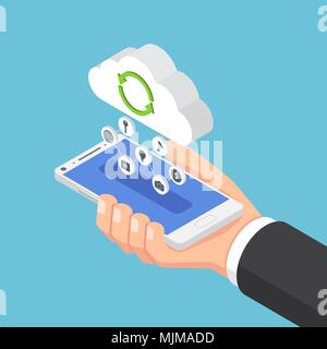 Appartamento 3D isometrica imprenditore tenendo lo smartphone e inviare i dati al cloud. La tecnologia di cloud computing concetto. Illustrazione Vettoriale