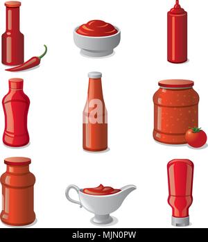 Illustrazione di impostare tomato ketchup e salse in bottiglie Illustrazione Vettoriale