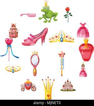 La principessa fairytale doll set di icone, stile cartoon Illustrazione Vettoriale