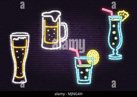 Set di neon di birra e cocktail segno su un muro di mattoni dello sfondo. Illustrazione Vettoriale. Design per bar, pub e ristorante business. Illustrazione Vettoriale