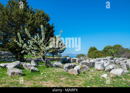 Santuario di Nemesis in Rhamnous nel nord- est Attica, Grecia. Due templi a Nemesis e Themis possono essere trovati al sito archeologico -4secolo Foto Stock