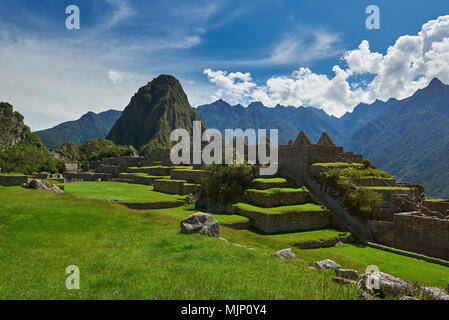 Bella giornata in Machu Picchu antica città Inca. Erba verde campo in Machu Picchu Foto Stock