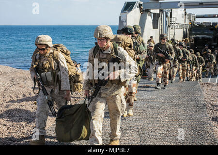 171210-m-Q1632-085 Gibuti, Gibuti (dec. n. 14, 2017) - USA Marines e francese forze militari sbarcare un francese di roll-on/roll-off catamarano landing craft durante il pugnale del coccodrillo. Alligatore pugnale, guidato da Naval Amphibious vigore, Task Force 51/5th Marine Expeditionary brigata di spedizione, è un dedicato, bilaterali prove di combattimento che combina degli Stati Uniti e delle forze francesi di pratica, provare ed esercitare capacità integrate disponibili negli Stati Uniti. Comando centrale sia a galla e a terra. (U.S. Marine Corps photo by Staff Sgt. Vitaliy Rusavskiy/rilasciato) Foto Stock