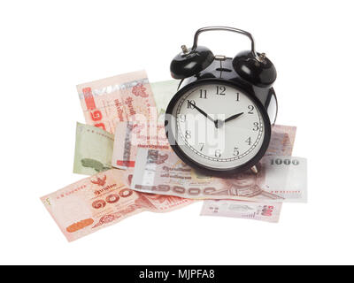 Uno nero sveglia del baht tailandese di banconote isolato su bianco. Foto Stock