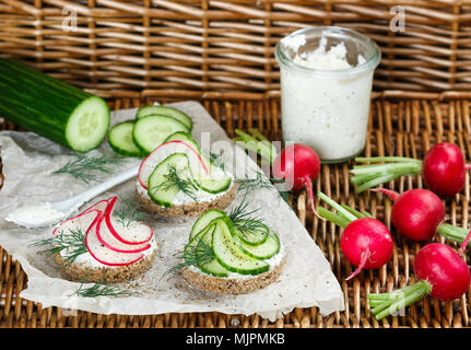 Varietà di mini sandwich con crema di formaggio, il ravanello , cetriolo, aneto e spezie. Spuntini Picnic. Messa a fuoco selettiva Foto Stock