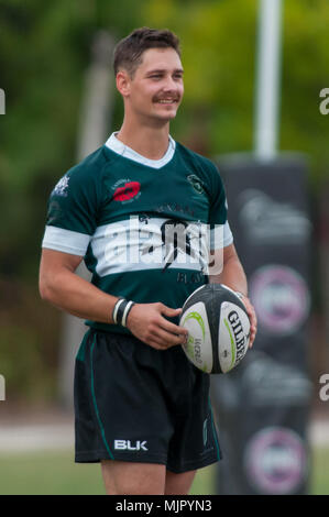 Pini del sud, N.C, STATI UNITI D'AMERICA. Xiii Apr, 2018. 5 maggio 2018 - pini del sud, N.C., STATI UNITI D'AMERICA - pini del sud Grandi coni Zach Miller durante una partita tra i pini del sud e New Orleans presso la Divisione 2018 2 Conferenza meridionale campionati di Rugby presso il National Athletic Village. Pini del sud sconfitto New Orleans, 71-12 nel giro di 32 per avanzare alla Conferenza meridionale Campionato di domani. Credito: Timothy L. Hale/ZUMA filo/Alamy Live News Foto Stock