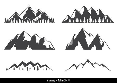 Set di icone di montagna isolate su sfondo bianco. Simbolo d'inverno per la vacanza di famiglia, di attività o di viaggio. Per logo design, patch, guarnizione, logo o ba Illustrazione Vettoriale