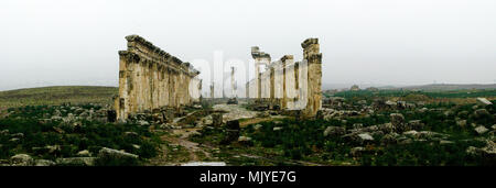 Un grande porticato a Apamea nella nebbia, parzialmente distrutto , Siria Foto Stock