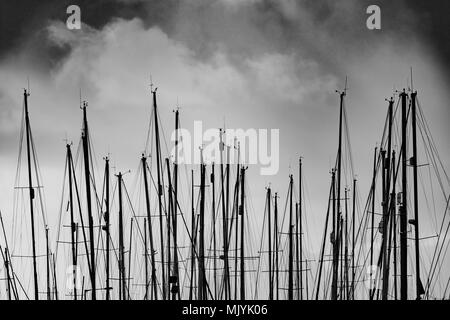 Un sacco di montante di barche a vela in un cantiere in West Mersea, Essex, Regno Unito Foto Stock