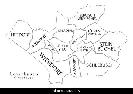 Città moderna mappa - Leverkusen città della Germania con comuni e titoli DE mappa di contorno Illustrazione Vettoriale