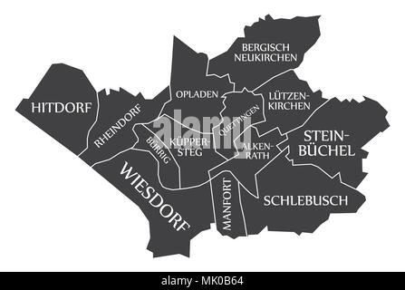 Leverkusen city map Germania DE etichettati illustrazione nero Illustrazione Vettoriale