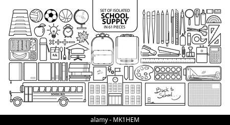 Impostare isolate di scuola di approvvigionamento in 61 pezzi. Graziosi oggetti illustrazione vettoriale nel contorno nero e il piano bianco su sfondo bianco. Illustrazione Vettoriale