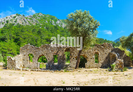 La Scenic ruderi di pietra tra la lussureggiante vegetazione nella valle tra le montagne rocciose, la Turchia. Foto Stock