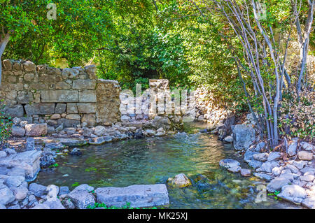 Il veloce ruscello di montagna corre tra i ruderi di pietra di Olympos - l antico insediamento Lycian con conservate rovine di epoca greca, romana e bizantina peri Foto Stock
