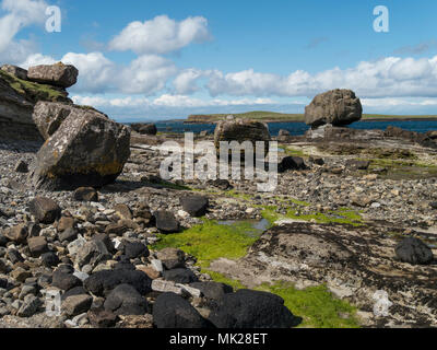 Giganteschi massi caduti sulla spiaggia rocciosa costa, un Corran, Staffin, Isola di Skye, Scotland, Regno Unito Foto Stock