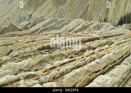 Formazioni geologiche nella spiaggia di Flysch tipo basco dei geoparchi UNESCO del percorso. Girato gioco di troni. Spiaggia di Itzurun. Paesaggi di Geologia Viaggio. Zumai Foto Stock