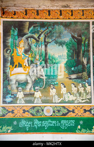 Ventesimo secolo dipinti murali raffiguranti scene della vita di Buddha a Phnom di propriet intellettuale tempio di Takeo, Cambogia Foto Stock