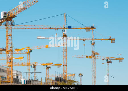 Molte gru sul sito di costruzione - costruzione di gru sul cielo blu Foto Stock