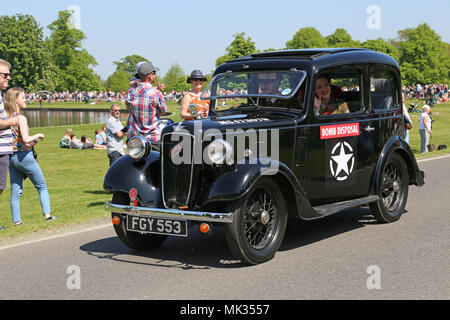 Austin Seven Ruby Mk2 (1938). Domenica delle castagne, 6 maggio 2018. Bushy Park, Hampton Court, London Borough of Richmond upon Thames, Inghilterra, Gran Bretagna, Regno Unito, Regno Unito, Regno Unito, Europa. Sfilata di veicoli d'epoca e classici e mostre con attrazioni della zona fieristica e rievocazioni militari. Crediti: Ian Bottle/Alamy Live News Foto Stock