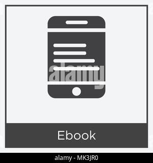 Icona di ebook isolato su sfondo bianco con telaio grigio, simbolo e segno Illustrazione Vettoriale