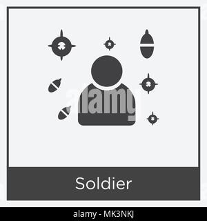 Icona del soldato isolato su sfondo bianco con telaio grigio, simbolo e segno Illustrazione Vettoriale