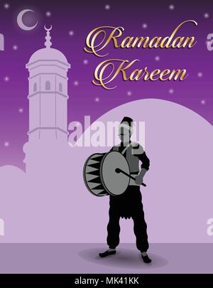 Il Ramadan il batterista e il Ramadan Kareem desideri. Tutti gli oggetti sono in diversi strati e i tipi di testo non è necessario alcun font. Illustrazione Vettoriale