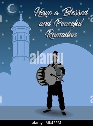 Una pioggia di auguri con il Ramadan il batterista. Tutti gli oggetti sono in diversi strati e i tipi di testo non è necessario alcun font. Illustrazione Vettoriale