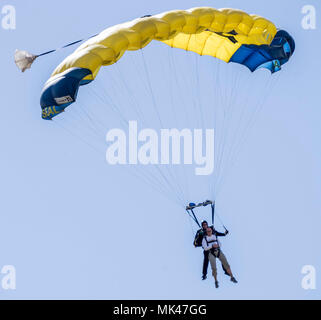 171103-N-RM689-037 STUART, Fla. (nov. 3, 2017) Sindaco Troy McDonald, il sindaco di Stuart, paracadute tandem con pensionati Navy SEAL Jim Woods, membro dell'U.S. Navy parachute team, il salto delle rane, durante le prove di dimostrazione per la ventottesima annuale di Stuart Air Show. Il salto delle rane sono basati fuori di San Diego e antenna di eseguire dimostrazioni di paracadute intorno alla nazione a sostegno del Naval Special Warfare Marina e del reclutamento del personale. (U.S. Foto di Marina di Massa lo specialista di comunicazione di terza classe Kelsey L. Adams/rilasciato) Foto Stock