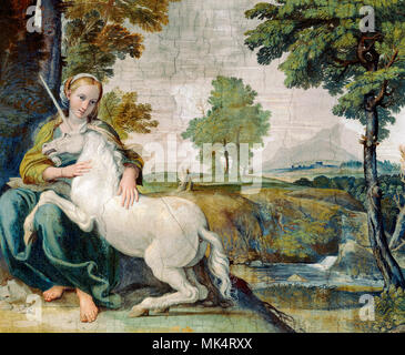 Vergine e Unicorn (una Vergine con un unicorno) - Domenichino, circa 1602 Foto Stock