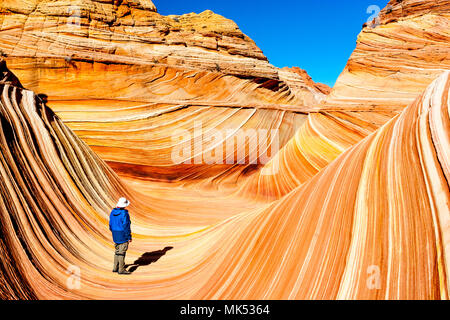 Escursionista maschio in hat in piedi in "l'Onda' multicolore di formazione di arenaria, North Coyote Buttes area, Vermilion Cliffs National Monument in Arizona Stati Uniti d'America. Foto Stock