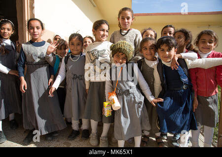 Studenti iracheni posano per una foto in una scuola primaria, Aski Mosul, Iraq, nov. 13, 2017. L ampiezza e la diversità dei partner della coalizione dimostra il livello globale e unified obiettivo di sconfiggere ISIS in Iraq e la Siria. CJTF-funzione OIR è la coalizione globale per sconfiggere ISIS in Iraq e la Siria. (U.S. Esercito foto di Sgt. Tracy McKithern) Foto Stock