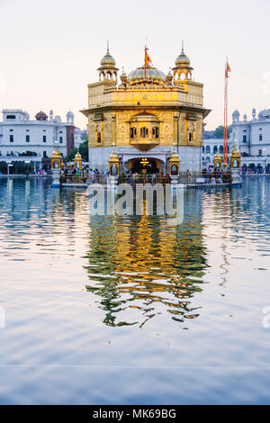 Amritsar Punjab, India : Tempio d'oro si riflette sulle circostanti Amrit Sarovar (Pool di nettare). Foto Stock