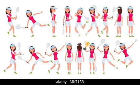 Badminton Girl Player vettore femmina. La riproduzione. Atleta in uniforme. Cartoon atleta illustrazione di carattere Illustrazione Vettoriale