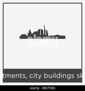 Appartamenti, città edifici icona dello skyline di isolato su sfondo bianco con telaio grigio, simbolo e segno Illustrazione Vettoriale
